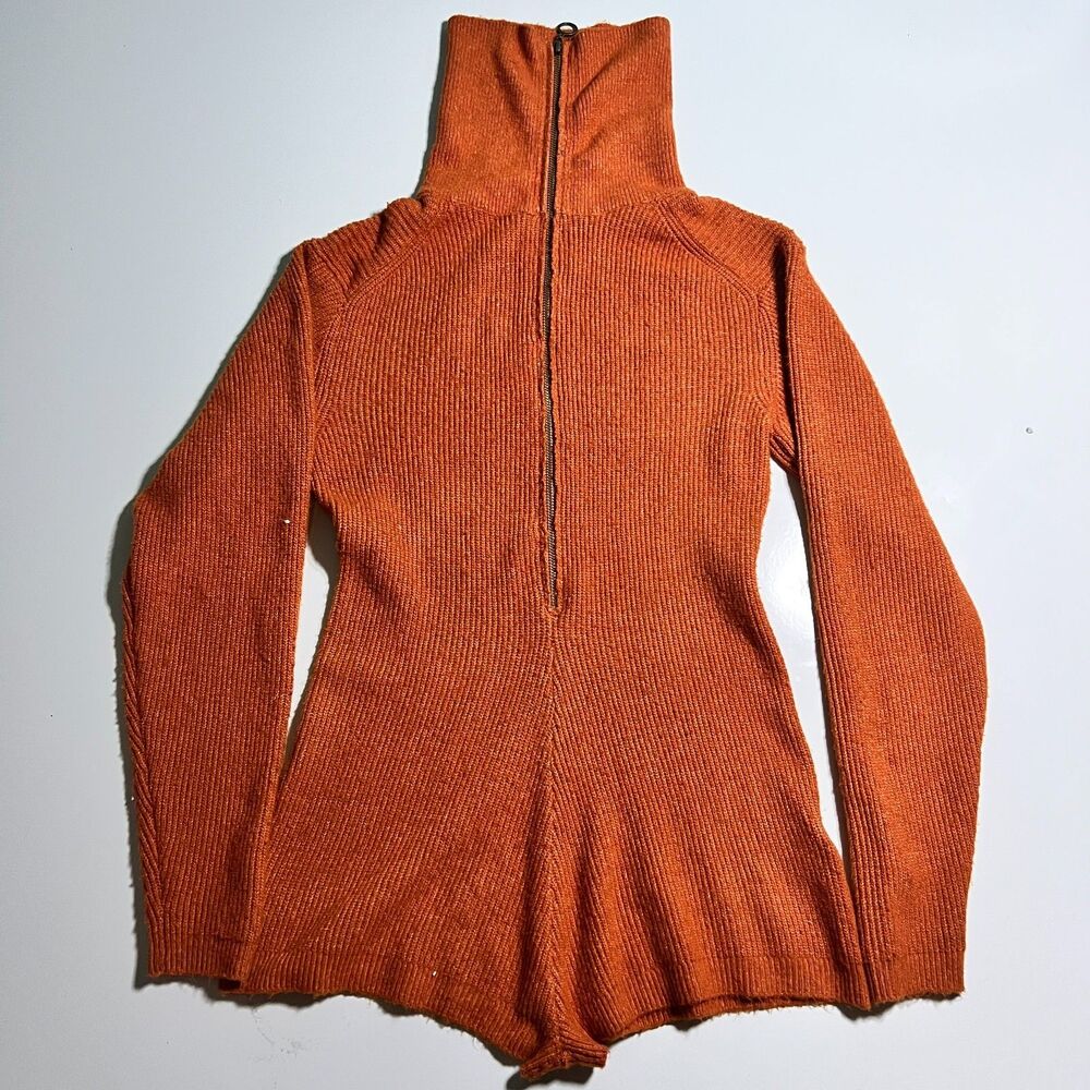 Urban Outfitters Womens XS Knit Playsuit Romper Rust Orange Zip Up Mock Neck